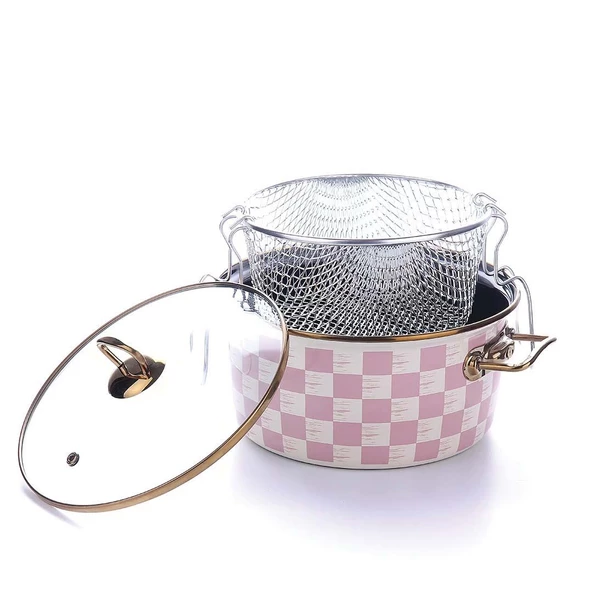 Dama Desen Emaye Kızartma Tenceresi 22 CM Pembe