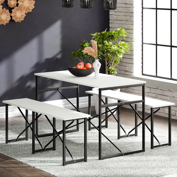 Eportatif Masa Takımı Bench Bank Masa Seti 120x60 Masa Mutfak Masası Yemek Masası Beyaz 1552 - 2