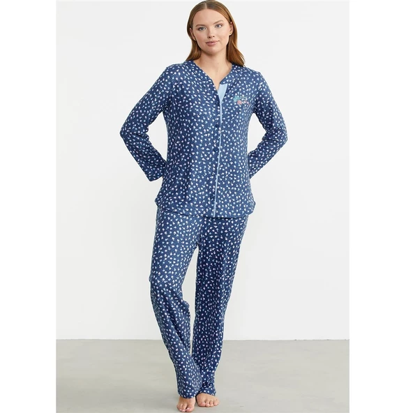 Sementa Minimal Desen Yumoş Önden Düğmeli Bayan Pijama Takım - 2