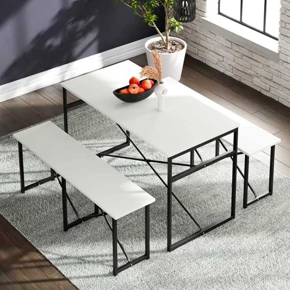 Eportatif Masa Takımı Bench Bank Masa Seti 120x60 Masa Mutfak Masası Yemek Masası Beyaz 1552 - 3