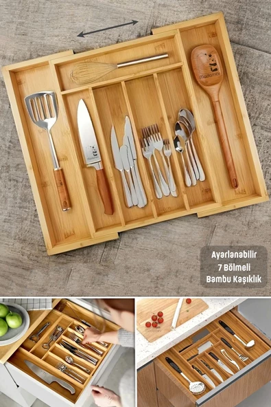 Madamev 7 Bölmeli Bambu Kaşıklık Ayarlanabilir Bambu Çekmece İçi Kaşıklık 40X35 Ölçülü Mutfak Organizeri