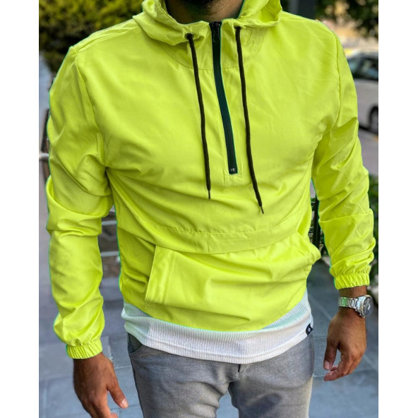 Kapüşonlu Yarım Fermuarlı Kanguru Cepli Su Geçirmez Spor Mevsimlik Yağmurluk Mont