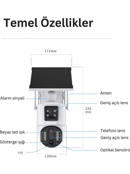 Avenir AV-M13 4g Simkartlı Solar Panelli 3 Lensli 12mp Full Color Gece Görüşü Çift Yönlü Ses Kamera - 2