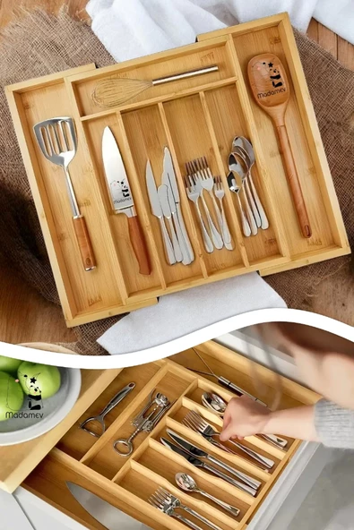 Madamev 7 Bölmeli Bambu Kaşıklık Ayarlanabilir Bambu Çekmece İçi Kaşıklık 40X35 Ölçülü Mutfak Organizeri - 3