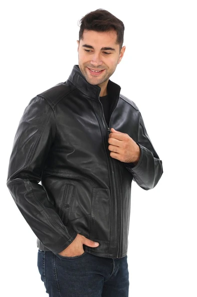 Yarım Yakalı klasik ve spor Erkek Deri Ceket Siyah Renk - 9