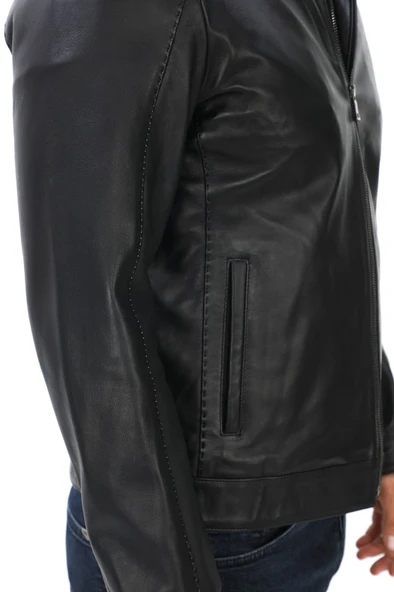 Hakim Yaka Punto Dikişli spor Erkek Deri Ceket Siyah Renk - 8