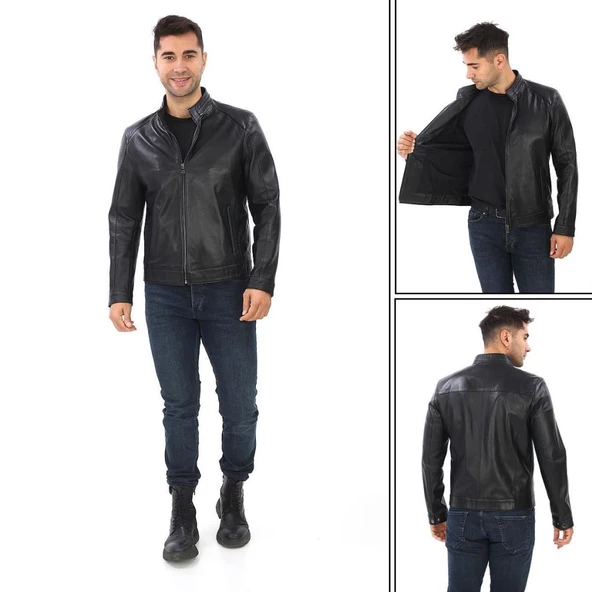 Hakim Yaka Punto Dikişli spor Erkek Deri Ceket Siyah Renk - 5