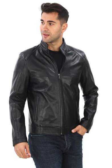 Hakim Yaka Punto Dikişli spor Erkek Deri Ceket Siyah Renk - 6