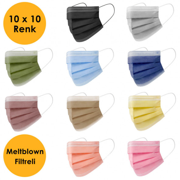 Mutlu Maske 100'lü Meltblown Filtreli Karışık Renkli Cerrahi Yüz Maskesi Seti (10 x 10 Renk)