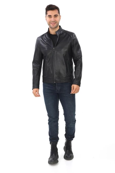 Hakim Yaka Punto Dikişli spor Erkek Deri Ceket Siyah Renk - 4