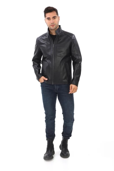 Yarım Yakalı klasik ve spor Erkek Deri Ceket Siyah Renk - 5