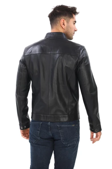 Hakim Yaka Punto Dikişli spor Erkek Deri Ceket Siyah Renk - 2