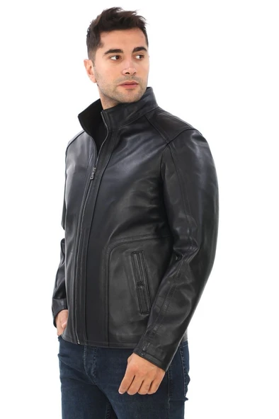 Yarım Yakalı klasik ve spor Erkek Deri Ceket Siyah Renk - 6
