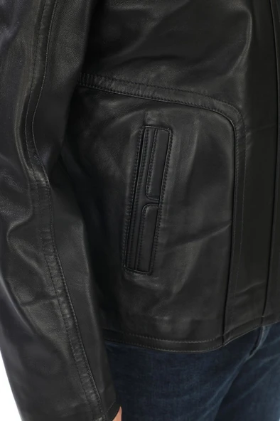 Yarım Yakalı klasik ve spor Erkek Deri Ceket Siyah Renk - 7