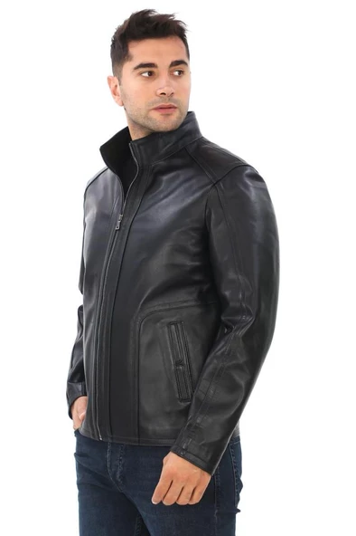 Yarım Yakalı klasik ve spor Erkek Deri Ceket Siyah Renk