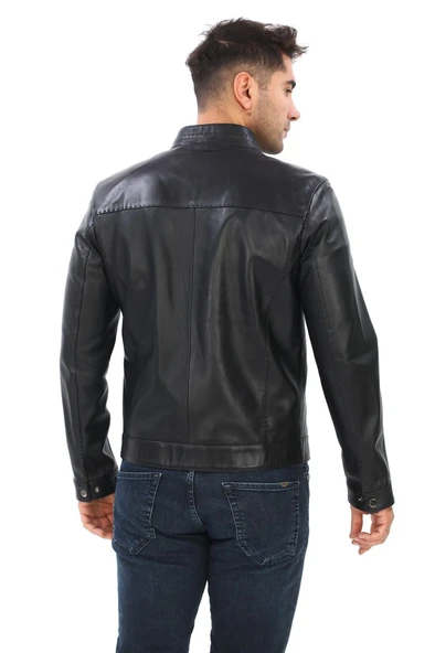 Hakim Yaka Punto Dikişli spor Erkek Deri Ceket Siyah Renk - 7