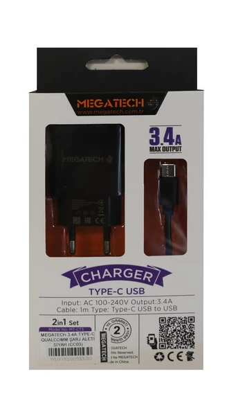 MEGATECH 3.4A TYPE-C GUALCOMM SARJ ALETİ SİYAH