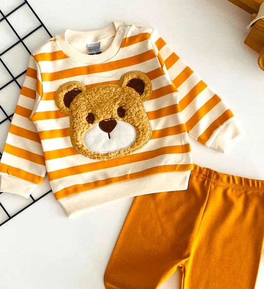 Neşeli Bebekler Peluş Ayıcık Kabartma Desenli Çizgili Yakadan Çıtçıtlı Mevsmlik Takım Turuncu - 2