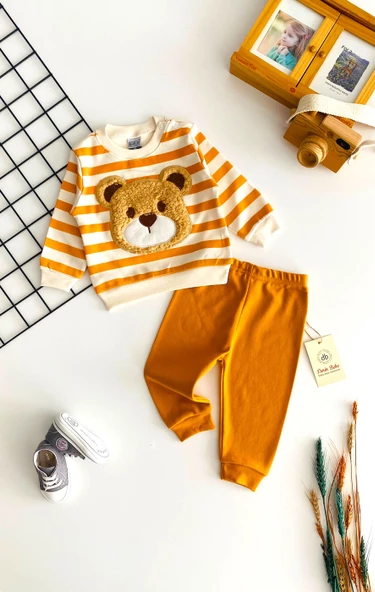 Neşeli Bebekler Peluş Ayıcık Kabartma Desenli Çizgili Yakadan Çıtçıtlı Mevsmlik Takım Turuncu