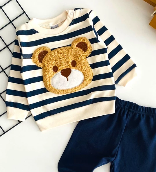 Neşeli Bebekler Peluş Ayıcık Kabartma Desenli Çizgili Yakadan Çıtçıtlı Mevsmlik Takım Lacivert - Resim 2