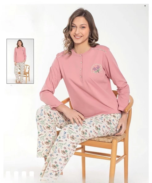 Senfoni Kadın Düğmeli Yaka Uzun Kol Pamuk Pijama Takımı 6034 -1 Adet  L Pembe