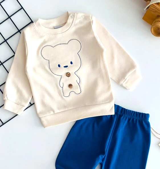 Neşeli Bebekler Ayıcık Nakışlı Düğmeli Desenli Yakadan Çıtçıtlı Mevsmlik Takım Mavi - Resim 2