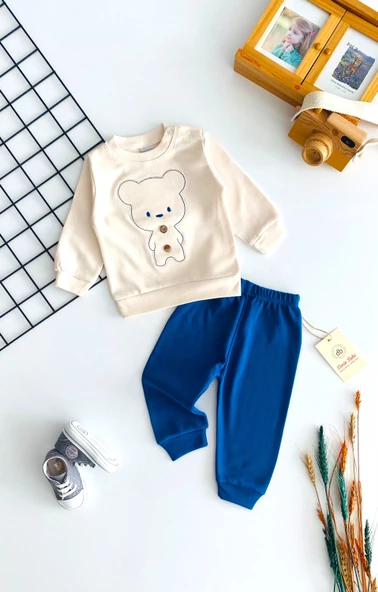 Neşeli Bebekler Ayıcık Nakışlı Düğmeli Desenli Yakadan Çıtçıtlı Mevsmlik Takım Mavi ürün görseli 1