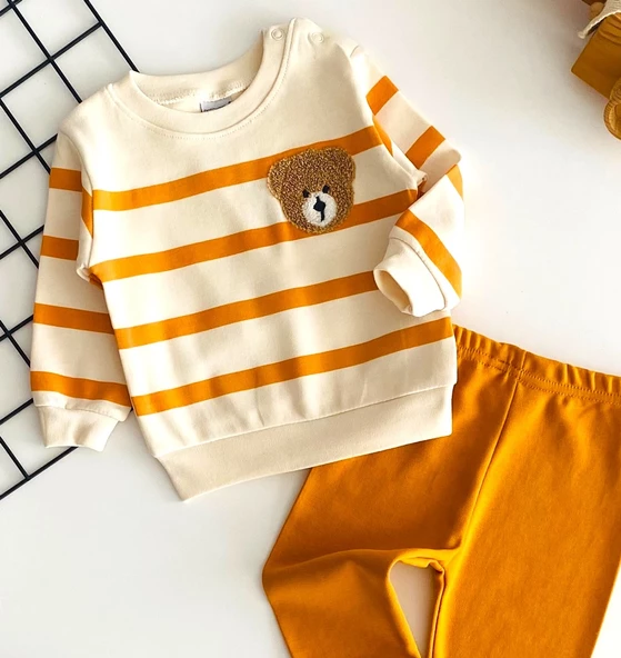 Neşeli Bebekler Ayıcık Nakışlı Desenli Çizgili Yakadan Çıtçıtlı Mevsmlik Takım Turuncu - 2