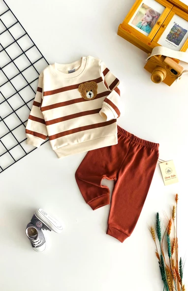 Neşeli Bebekler Ayıcık Nakışlı Desenli Çizgili Yakadan Çıtçıtlı Mevsmlik Takım Kiremit ürün görseli 1