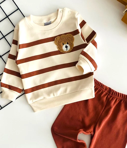 Neşeli Bebekler Ayıcık Nakışlı Desenli Çizgili Yakadan Çıtçıtlı Mevsmlik Takım Kiremit - Resim 2