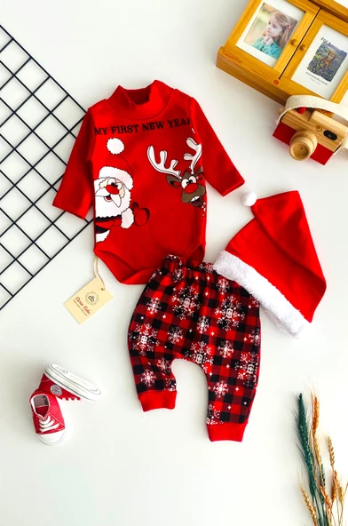 Neşeli Bebekler Noel Baba Ve Geyik Baskılı Bereli Yılbaşı Takımı ürün görseli