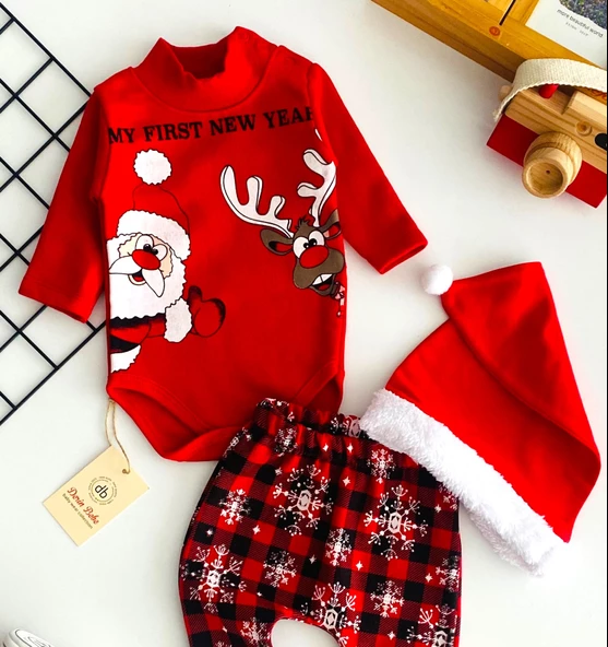 Neşeli Bebekler Noel Baba Ve Geyik Baskılı Bereli Yılbaşı Takımı - Resim 2