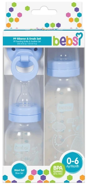 Bebsi Biberon ve Emzik Seti Cam Mavi (250ML+ 125ML+ Emzik) - 2