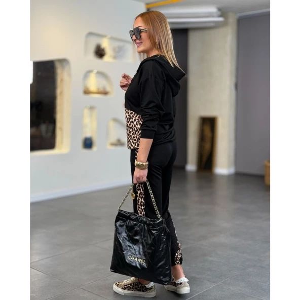 Lucky Life Kadın Uzun Kollu Leopar Detay Sweat Ve Yanı Leopar şerit Detay Pantolon Ikili Takım - 4