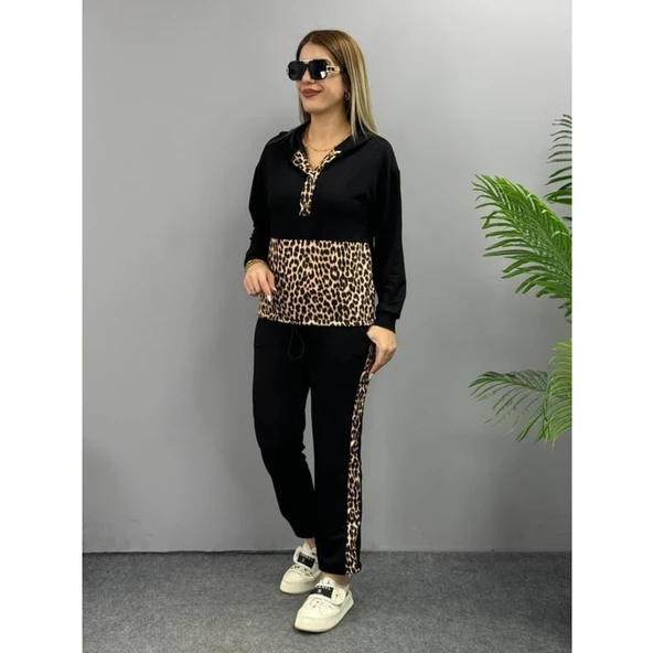 Lucky Life Kadın Uzun Kollu Leopar Detay Sweat Ve Yanı Leopar şerit Detay Pantolon Ikili Takım - 8