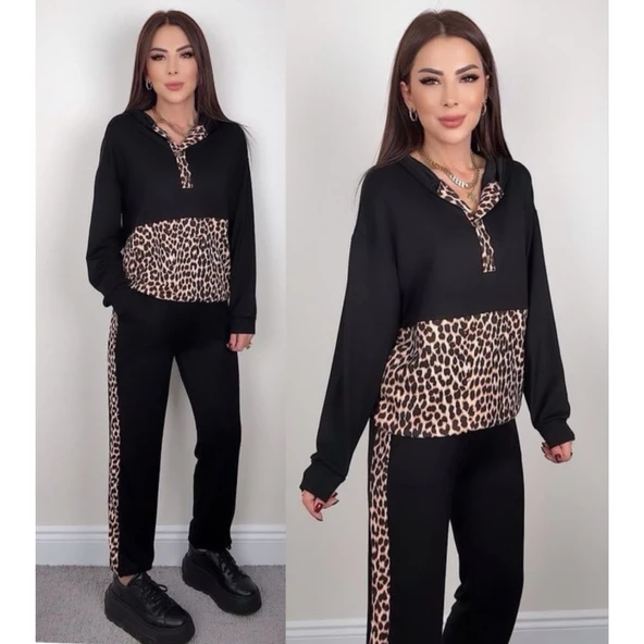 Lucky Life Kadın Uzun Kollu Leopar Detay Sweat Ve Yanı Leopar şerit Detay Pantolon Ikili Takım - 10