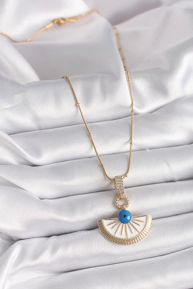 316L Çelik Gold Renk Zincir Zirkon Taş Detaylı Nazar Boncuk Göz Model Kadın Kolye - TJ-BKO9474 - Resim 2