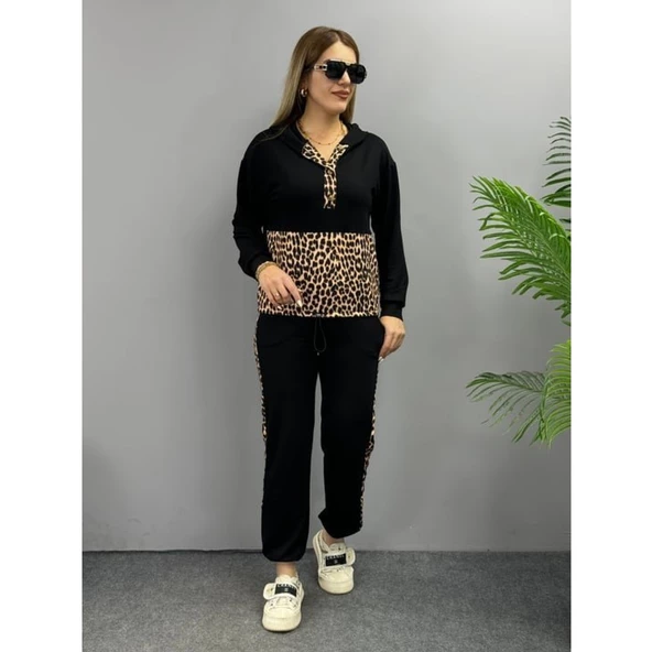 Lucky Life Kadın Uzun Kollu Leopar Detay Sweat Ve Yanı Leopar şerit Detay Pantolon Ikili Takım - 9