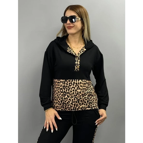 Lucky Life Kadın Uzun Kollu Leopar Detay Sweat Ve Yanı Leopar şerit Detay Pantolon Ikili Takım - 5