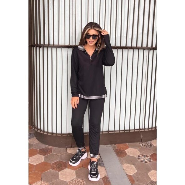 Lucky Life Kadın Uzun Kollu Ribana Ve Fermuar Detay Bluz Ve Yüksel Bel Pantolon 2li Takım - 3