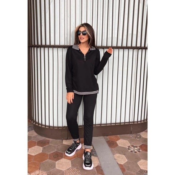 Lucky Life Kadın Uzun Kollu Ribana Ve Fermuar Detay Bluz Ve Yüksel Bel Pantolon 2li Takım - 2