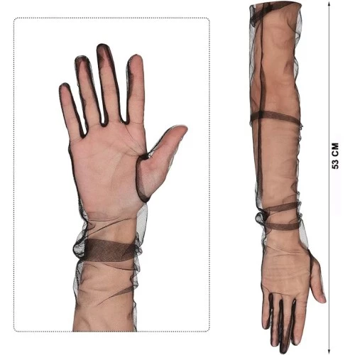 Uzun Boy Likralı Siyah Yetişkin Mega Tül Eldiven - Resim 3