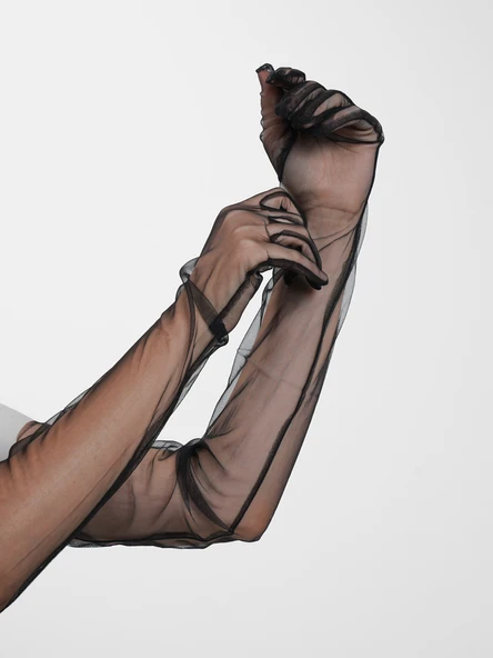 Uzun Boy Likralı Siyah Yetişkin Mega Tül Eldiven - Resim 10