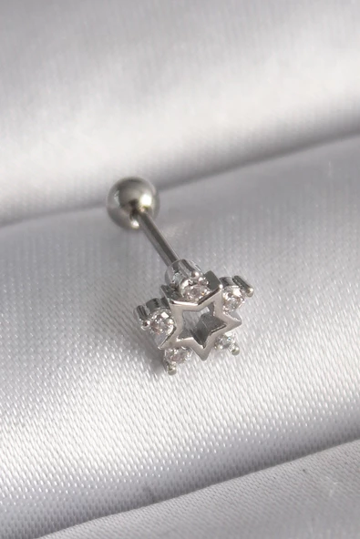316L Çelik Gümüş Renk Zirkon Taşlı Yıldız Model Tragus Piercing - TJ-PR1297 - 1