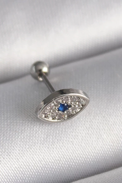 316L Çelik Gümüş Renk Zirkon Taşlı Göz Tragus Piercing - TJ-PR1253 - 1
