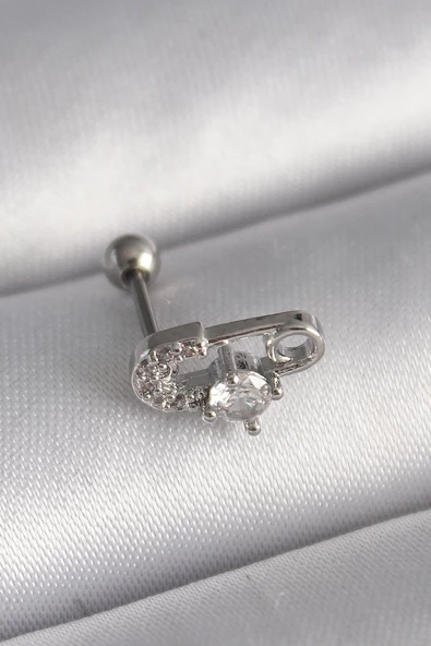 316L Çelik Gümüş Renk Zirkon Taşlı Toplu İğne Tragus Piercing - TJ-PR1275 - 1