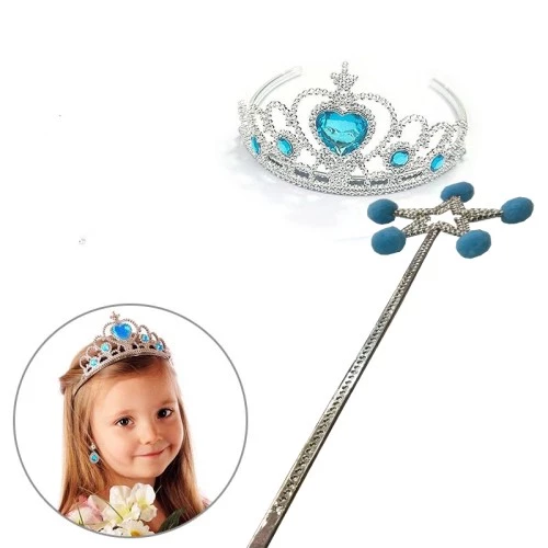 Mavi Ponponlu Elsa Asası ve Kalp Taşlı Elsa Tacı ürün görseli