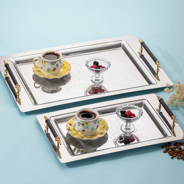 Porsima Gold 2li Paslanmaz Çelik Gümüş Kahve Tepsisi Gold Sİyah Desenli Dekoratif Servis Sunum Tepsisi - 2