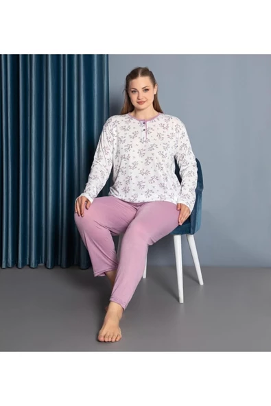 Uzun Kollu Battal Beden Anne Pijama Takımı Beyaz-Lila  4520