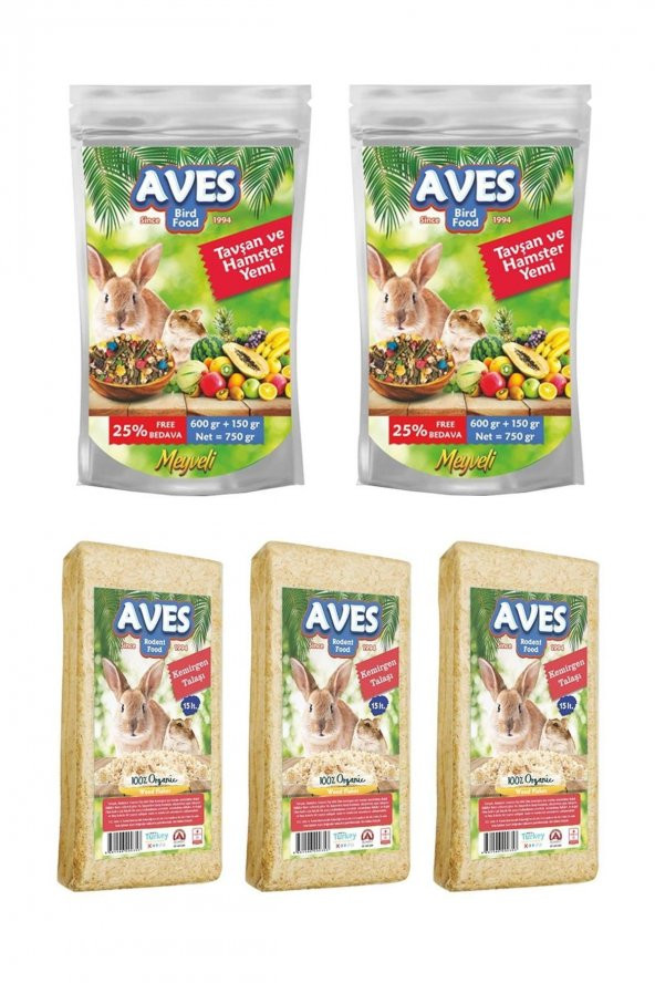 Aves Tavşan Hamster Ginepig Yemi - 750 gr x 2 Adet +  Kemirgen Talaşı - 3 Adet